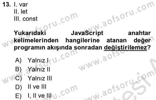 Web Arayüz Programlama Dersi 2025 - 2026 Yılı Yaz Okulu Sınav Soruları 13. Soru