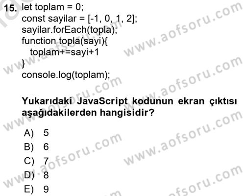 Web Arayüz Programlama Dersi 2025 - 2026 Yılı Yaz Okulu Sınav Soruları 15. Soru