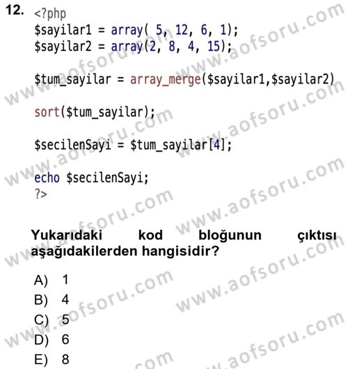 Web Sunucu Programlama Dersi 2023 - 2024 Yılı Yaz Okulu Sınavı 12. Soru