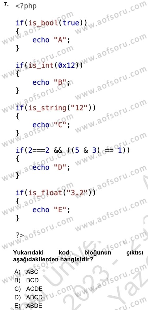 Web Sunucu Programlama Dersi 2023 - 2024 Yılı Yaz Okulu Sınavı 7. Soru