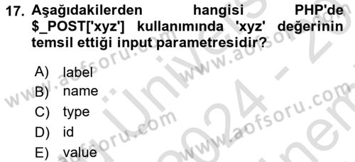 Web Sunucu Programlama Dersi 2024 - 2025 Yılı (Final) Dönem Sonu Sınav Soruları 17. Soru