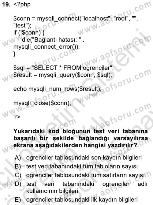 Web Sunucu Programlama Dersi 2024 - 2025 Yılı (Final) Dönem Sonu Sınav Soruları 19. Soru