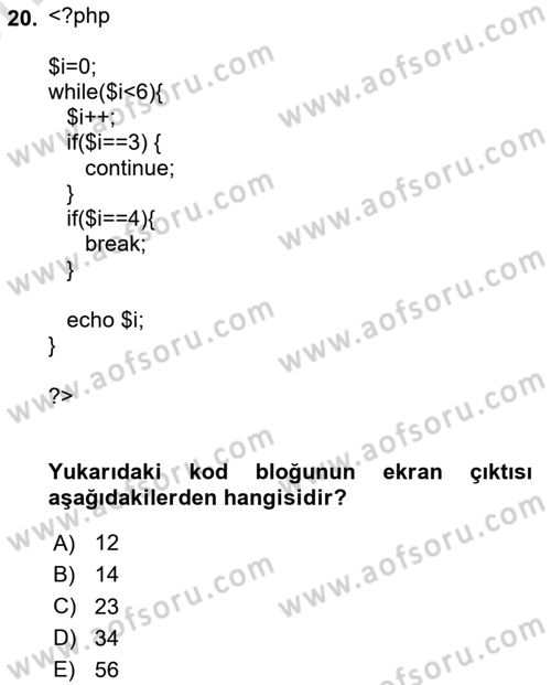 Web Sunucu Programlama Dersi 2025 - 2026 Yılı (Vize) Ara Sınav Soruları 20. Soru