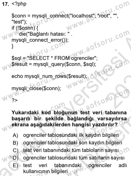 Web Sunucu Programlama Dersi 2025 - 2026 Yılı (Final) Dönem Sonu Sınav Soruları 17. Soru
