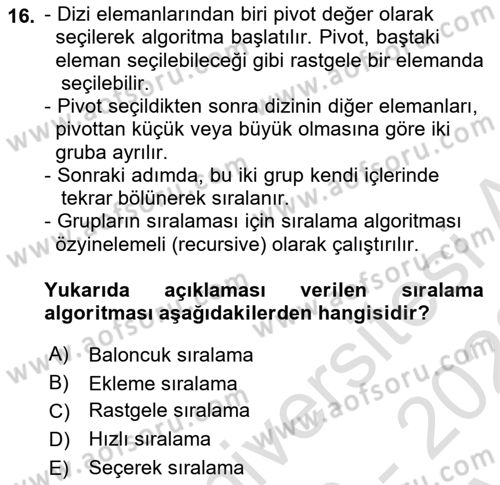 Veri Yapıları Dersi Ara Sınavı Deneme Sınav Soruları 16. Soru