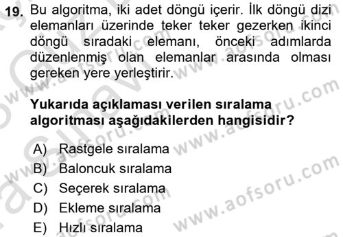 Veri Yapıları Dersi Ara Sınavı Deneme Sınav Soruları 19. Soru
