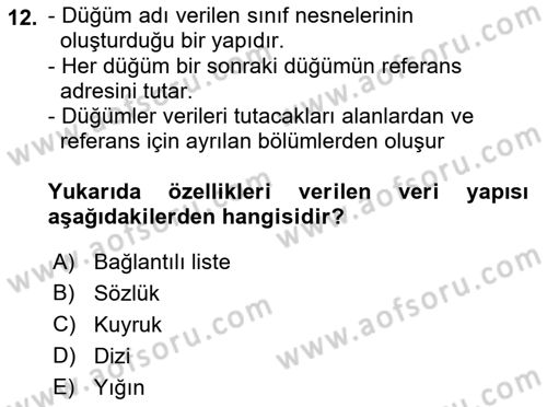 Veri Yapıları Dersi 2022 - 2023 Yılı (Final) Dönem Sonu Sınavı 12. Soru