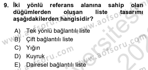 Veri Yapıları Dersi 2022 - 2023 Yılı (Final) Dönem Sonu Sınav Soruları 9. Soru