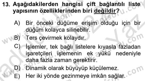 Veri Yapıları Dersi 2022 - 2023 Yılı Yaz Okulu Sınav Soruları 13. Soru