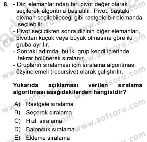 Veri Yapıları Dersi 2022 - 2023 Yılı Yaz Okulu Sınav Soruları 8. Soru
