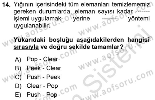 Veri Yapıları Dersi Ara Sınavı Deneme Sınav Soruları 14. Soru