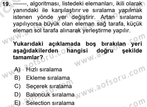 Veri Yapıları Dersi Ara Sınavı Deneme Sınav Soruları 19. Soru