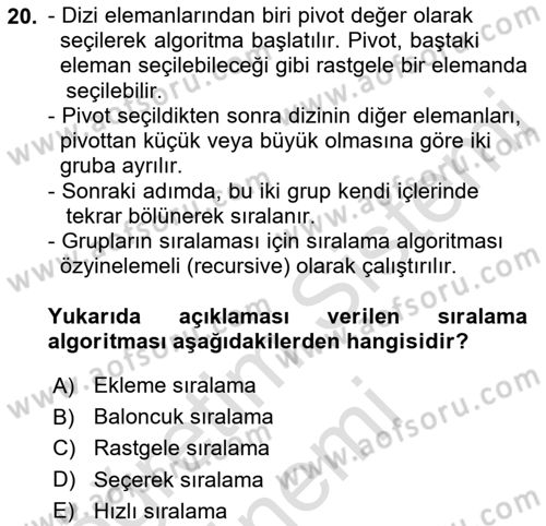 Veri Yapıları Dersi 2023 - 2024 Yılı (Vize) Ara Sınav Soruları 20. Soru