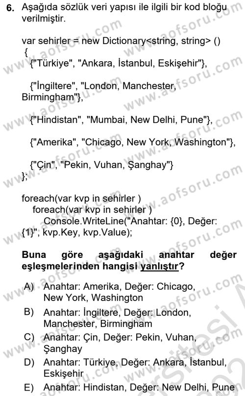 Veri Yapıları Dersi Ara Sınavı Deneme Sınav Soruları 6. Soru