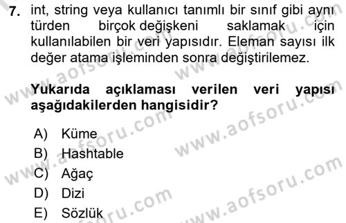 Veri Yapıları Dersi Ara Sınavı Deneme Sınav Soruları 7. Soru