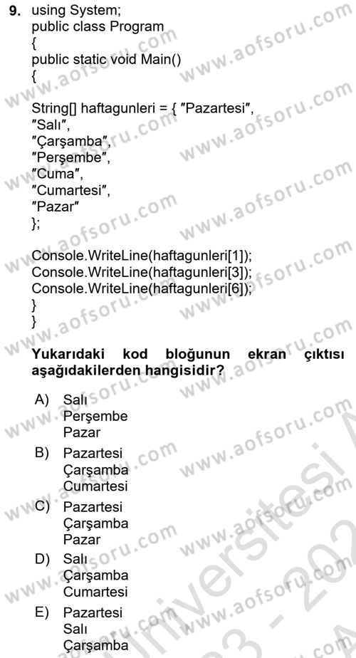 Veri Yapıları Dersi 2023 - 2024 Yılı (Vize) Ara Sınav Soruları 9. Soru
