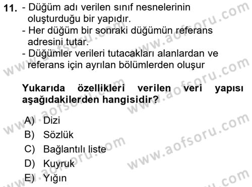 Veri Yapıları Dersi 2023 - 2024 Yılı (Final) Dönem Sonu Sınav Soruları 11. Soru