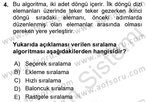 Veri Yapıları Dersi 2023 - 2024 Yılı (Final) Dönem Sonu Sınav Soruları 4. Soru