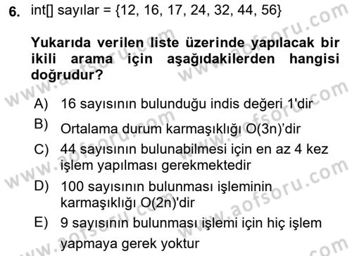 Veri Yapıları Dersi 2023 - 2024 Yılı (Final) Dönem Sonu Sınav Soruları 6. Soru