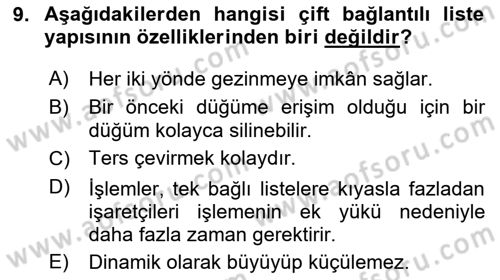 Veri Yapıları Dersi 2023 - 2024 Yılı (Final) Dönem Sonu Sınav Soruları 9. Soru