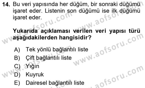 Veri Yapıları Dersi 2023 - 2024 Yılı Yaz Okulu Sınav Soruları 14. Soru