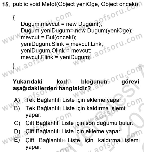Veri Yapıları Dersi 2023 - 2024 Yılı Yaz Okulu Sınav Soruları 15. Soru