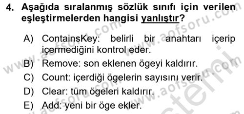 Veri Yapıları Dersi 2023 - 2024 Yılı Yaz Okulu Sınav Soruları 4. Soru
