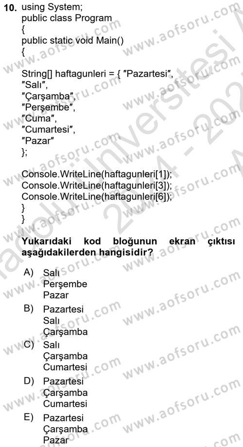 Veri Yapıları Dersi 2024 - 2025 Yılı (Vize) Ara Sınavı 10. Soru