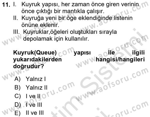 Veri Yapıları Dersi 2024 - 2025 Yılı (Vize) Ara Sınavı 11. Soru