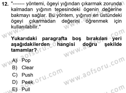 Veri Yapıları Dersi 2024 - 2025 Yılı (Vize) Ara Sınavı 12. Soru