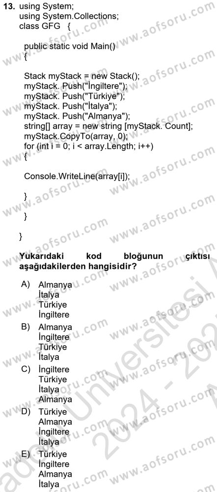 Veri Yapıları Dersi 2024 - 2025 Yılı (Vize) Ara Sınavı 13. Soru