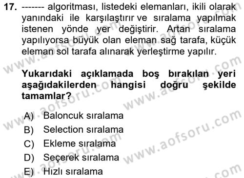 Veri Yapıları Dersi 2024 - 2025 Yılı (Vize) Ara Sınavı 17. Soru