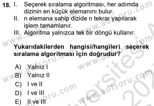 Veri Yapıları Dersi 2024 - 2025 Yılı (Vize) Ara Sınavı 18. Soru