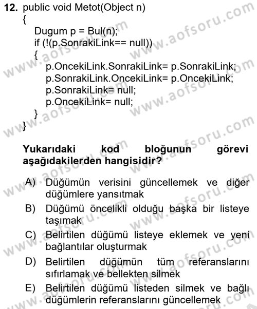 Veri Yapıları Dersi 2024 - 2025 Yılı (Final) Dönem Sonu Sınav Soruları 12. Soru