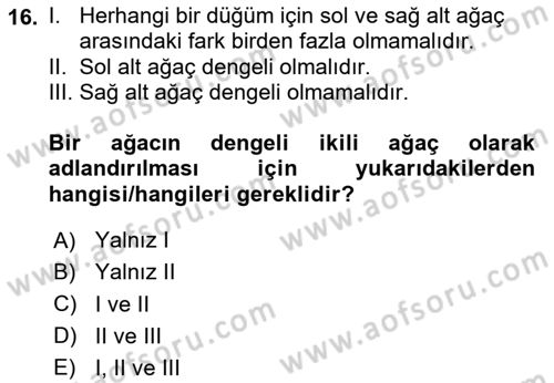 Veri Yapıları Dersi 2024 - 2025 Yılı (Final) Dönem Sonu Sınav Soruları 16. Soru