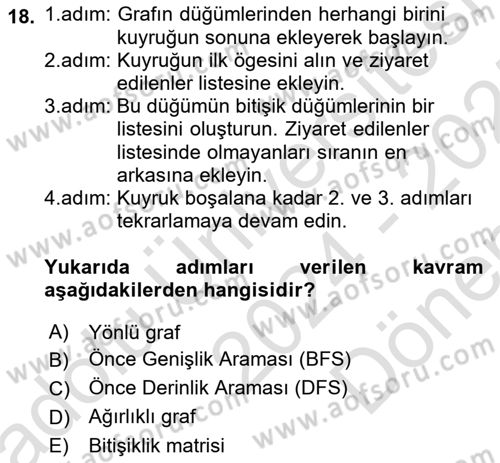 Veri Yapıları Dersi 2024 - 2025 Yılı (Final) Dönem Sonu Sınav Soruları 18. Soru