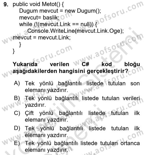 Veri Yapıları Dersi 2024 - 2025 Yılı (Final) Dönem Sonu Sınav Soruları 9. Soru