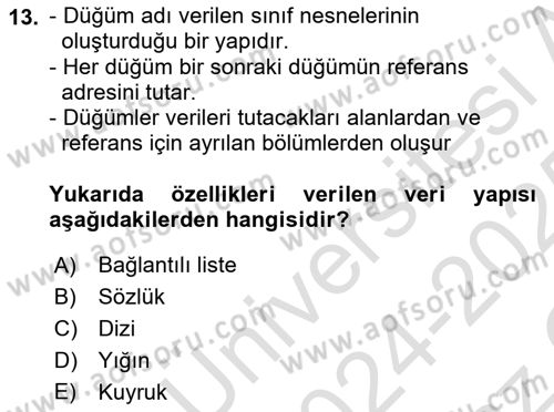 Veri Yapıları Dersi 2024 - 2025 Yılı Yaz Okulu Sınav Soruları 13. Soru