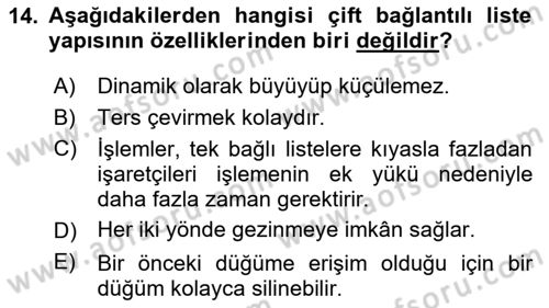 Veri Yapıları Dersi 2024 - 2025 Yılı Yaz Okulu Sınav Soruları 14. Soru