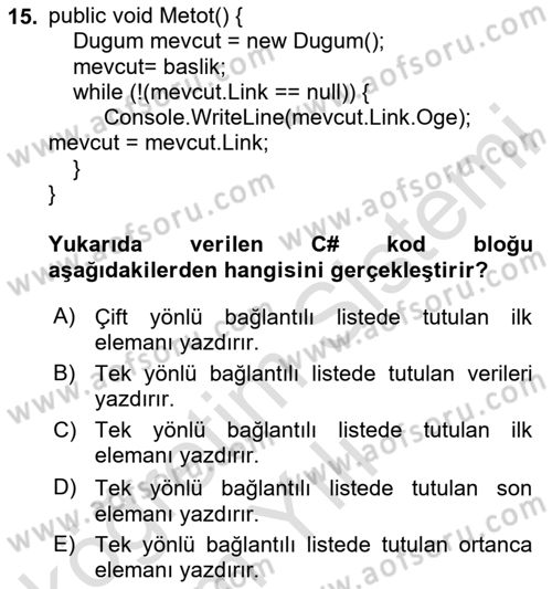 Veri Yapıları Dersi 2024 - 2025 Yılı Yaz Okulu Sınav Soruları 15. Soru
