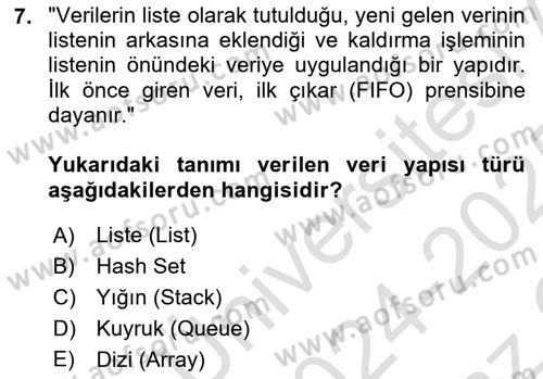 Veri Yapıları Dersi 2024 - 2025 Yılı Yaz Okulu Sınav Soruları 7. Soru