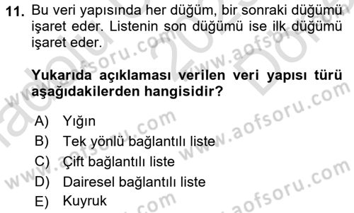 Veri Yapıları Dersi 2025 - 2026 Yılı (Final) Dönem Sonu Sınav Soruları 11. Soru