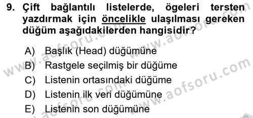 Veri Yapıları Dersi 2025 - 2026 Yılı (Final) Dönem Sonu Sınav Soruları 9. Soru