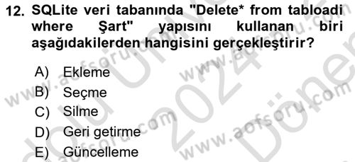 Mobil Uygulama Geliştirme Dersi 2024 - 2025 Yılı (Final) Dönem Sonu Sınav Soruları 12. Soru