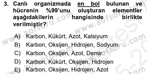 Genel Biyoloji 1 Dersi 2015 - 2016 Yılı Tek Ders Sınavı 3. Soru