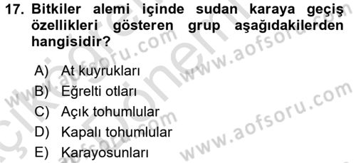 Genel Biyoloji 1 Dersi 2016 - 2017 Yılı (Vize) Ara Sınavı 17. Soru