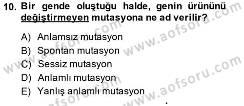 Genel Biyoloji 2 Dersi 2014 - 2015 Yılı (Final) Dönem Sonu Sınavı 10. Soru