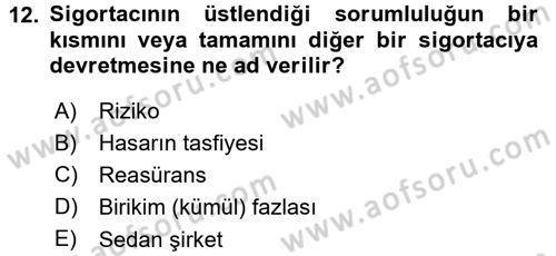 Bankacılık Ve Sigortacılığa Giriş Dersi 2015 - 2016 Yılı (Final) Dönem Sonu Sınav Soruları 12. Soru