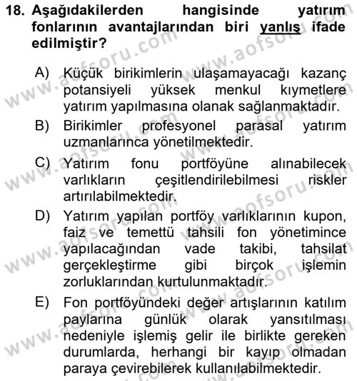 Bankacılık Hizmet Ürünleri Dersi 2023 - 2024 Yılı (Vize) Ara Sınav Soruları 18. Soru