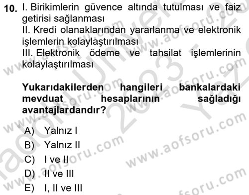Bankacılık Hizmet Ürünleri Dersi 2023 - 2024 Yılı Yaz Okulu Sınav Soruları 10. Soru